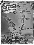 An illustration of three men on horses led by a man with bagpipes. Behind them is a map. Text: The Okanagan Fur Brigade Trail circa 1826 to 1846