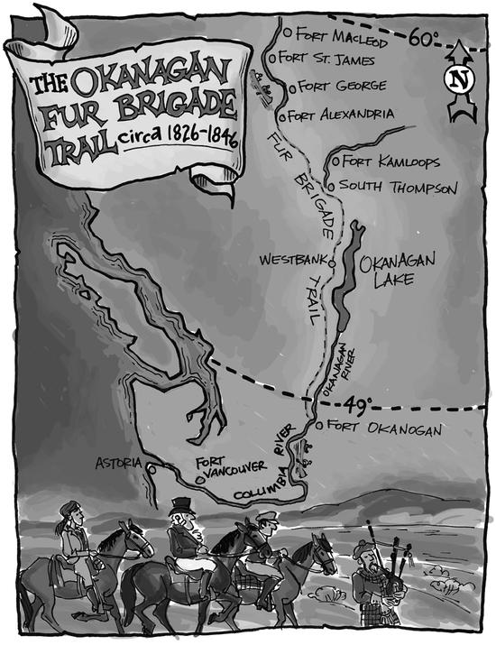 An illustration of three men on horses led by a man with bagpipes. Behind them is a map. Text: The Okanagan Fur Brigade Trail circa 1826 to 1846