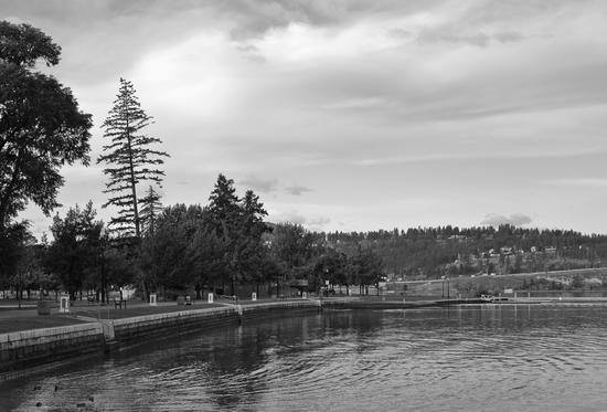 A lake by a park with pathways, trees and benches. In the background are trees, buildings and hills.