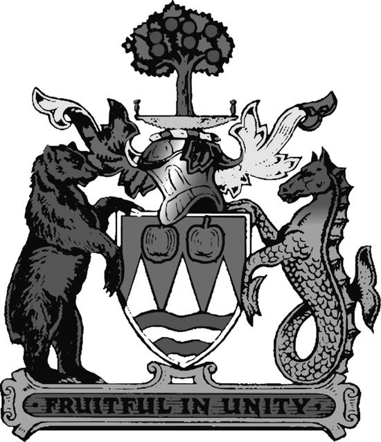 An illustration of a crest containing two apples, spikes and waves. Around this crest are a bear, an apple tree and a seahorse. Text: Fruitful in Unity