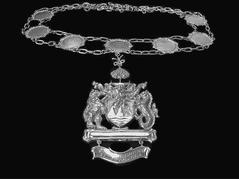 A metal necklace consisting of circles connected by chains. A large pendant of a crest, a bear, an apple tree and a seahorse hangs from the pendant's middle.