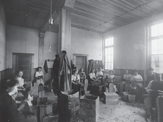 A group of people sit around the perimeter of a room while working. A few boxes sit in the centre of the room and coats hang on a pillar and a wall. 