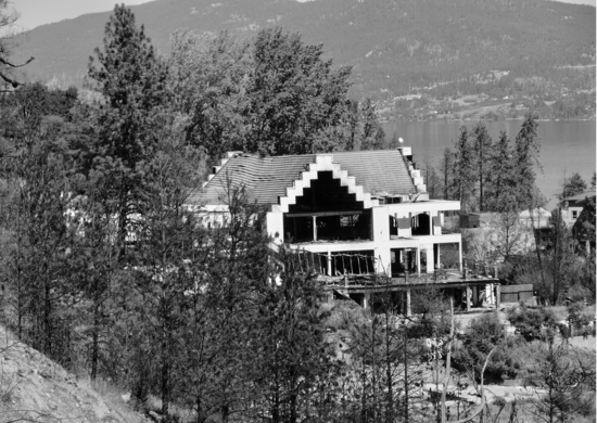 A large, damaged building built within trees by a body of water.