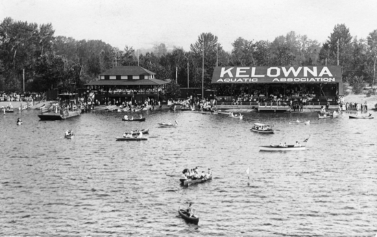 Numerous boats floating on a body of water next to land. A crowd stands to watch.
