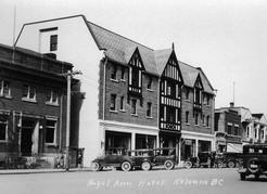 The Royal Anne Hotel evolved from the early Palace Hotel on the north side of Bernard Avenue. This building was destroyed by fire in 1971. A modern version of the hotel remains part of downtown Kelowna today. | Kelowna Public Archives 5809