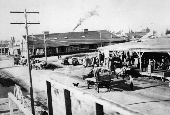 Horse-drawn carts on a road lined by wooden buildings and electrical poles.