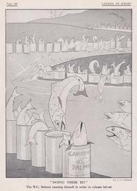 Comic of salmon jumping into tins