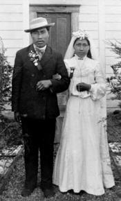 Mowachaht chief Napoleon Maquinna with his bride  Josephine on their wedding day in 1908. They both attended Christie School in its earliest years, and were married in the Roman Cath-olic church at yuquot, with the Christie School band in attendance. Chief Napo-leon gave testimony in 1914 at the McKenna–McBride Royal Commission hearings, speaking eloquently about his people’s need for more land.
