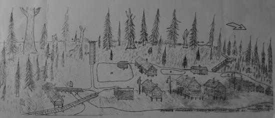 A sketch by the late Edward Arnet, detailing the layout of the Japanese community on John Eik’s property in Tofino. Note the now famous Eik Tree in the left back-ground.