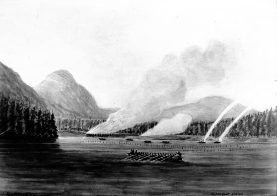 In December 1864 the Illustrated London News contained this engraving of the attacks by Royal Navy vessels on the Ahousaht. Two gunships shelled nine villages, killed fifteen men and destroyed sixty-nine canoes. The men seen rowing ashore here would set fire to the remains of this village. The two vessels on the right are firing rockets. The Hale rocket was a standard British naval armament during the Victorian era.