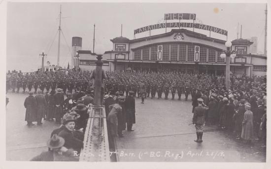 The 7th Battalion of the BC Regiment returns to Vancouver after serving as an Occupation Force on the Rhine River until 1919