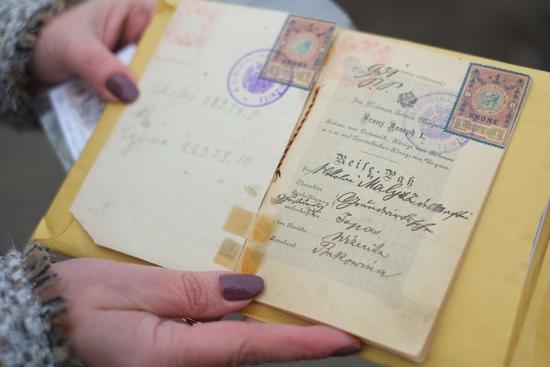 Andrea Malysh holds her grandfather’s Austro-Hungarian passport