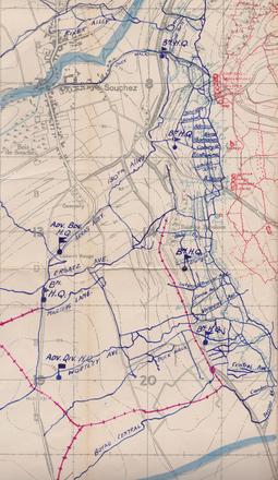 Part of the Vimy Ridge battle map. Note the hand-drawn trenches and headquarters for various battalions, probably from an officer’s map