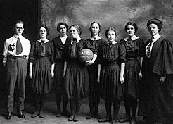 Victoria College women’s basketball team, 1912. Where women’s physical recreation had previously been limited, they began to take up more robust sports. BC Archives E-02868