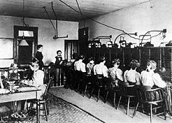 Telephone switchboard and operators at British Columbia Telephones Ltd. in 1898. Dominion Photo Company, Vancouver Public Library VPL 23795