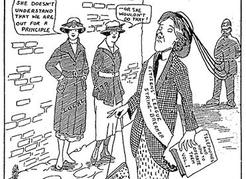 This labour cartoon ridicules high society Vancouver matrons who scabbed on telephone operators after they left their jobs in support of the 1919 general strike. “She doesn’t understand that we are out for a principle—or she wouldn’t do that,” the striking operators observe. Even the cat sneers <em>Scab!</em>  Courtesy Elaine Bernard.