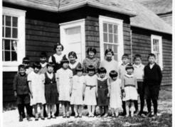 Clayoquot School on Stubbs Island, around 1930. Built in 1924 for the Japanese community there, the school closed in 1942, when all Japanese were evacuated from the West Coast. The younger children in this picture were likely born on Stubbs Island, where some eight to ten families lived, including the Igarachis. Mrs. Igarachi acted as nurse, doctor, and midwife for many people in the Tofino area. Image 2001.5.76 courtesy of the Japanese Canadian Cultural Centre, Toronto