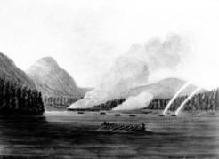 In December 1864 the Illustrated London News contained this engraving of the attacks by Royal Navy vessels on the Ahousaht. Two gunships shelled nine villages, killed fifteen men and destroyed sixty-nine canoes. The men seen rowing ashore here would set fire to the remains of this village. The two vessels on the right are firing rockets. The Hale rocket was a standard British naval armament during the Victorian era. Image PDP00084 courtesy of Royal BC Museum, BC Archives